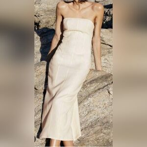 Zara Textured Strapless Midi Dress in Cream Size L